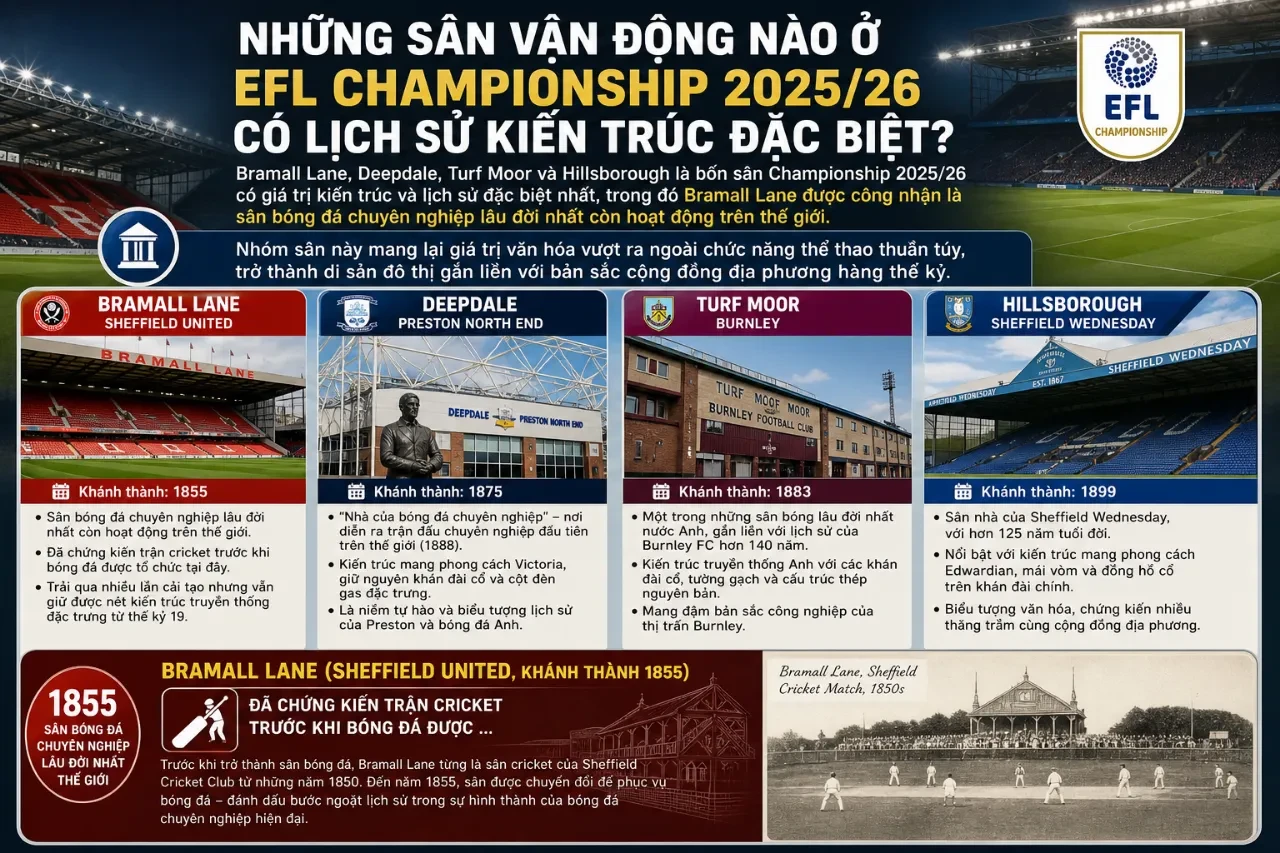 Mặt sân cỏ truyền thống cổ kính đan xen những nét kiến trúc khán đài lịch sử lâu đời nước Anh