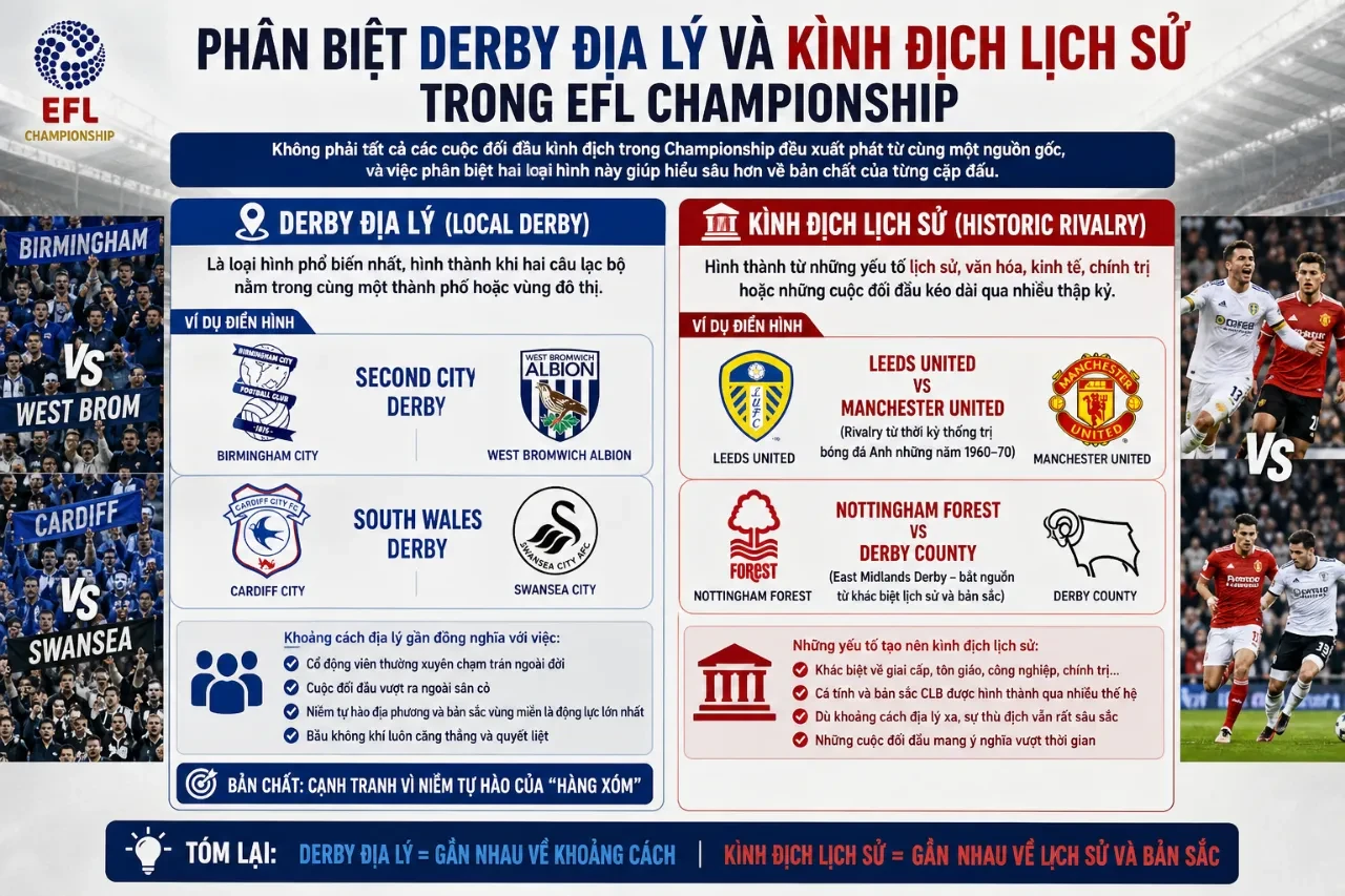 Sự khác biệt về sơ đồ phân bố vị trí địa lý giữa các câu lạc bộ kình địch tại nước Anh