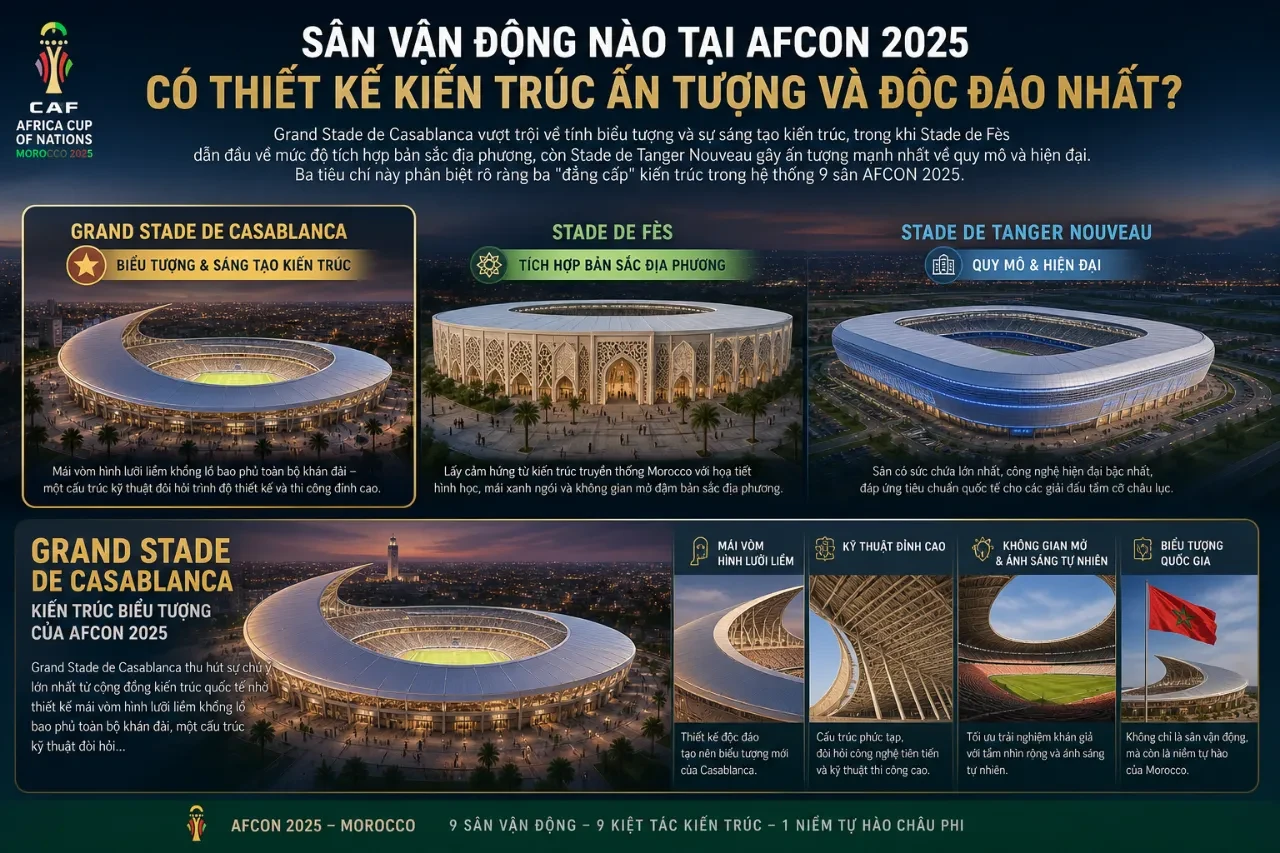 Mái vòm vươn dài không cột đỡ của một trong những đấu trường hoành tráng hàng đầu Bắc Phi