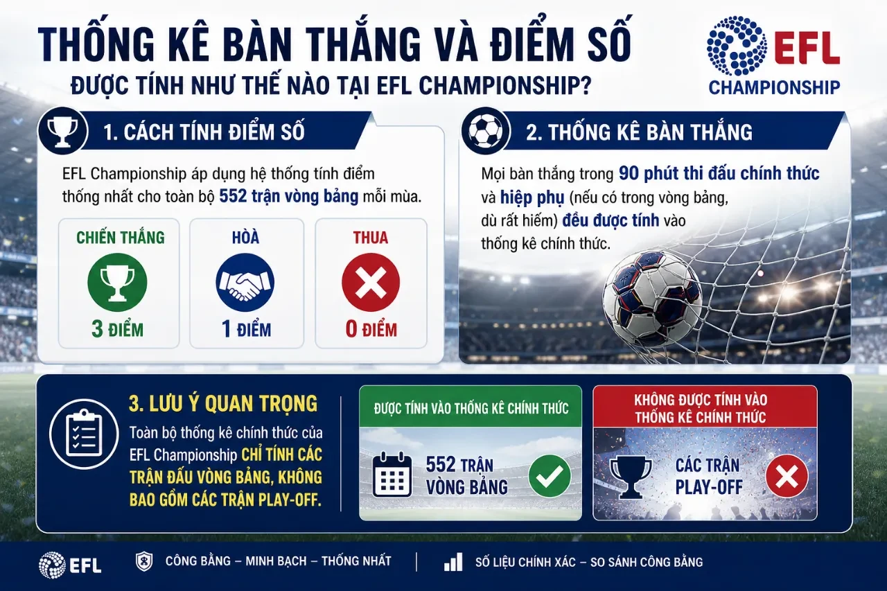 Bảng điện tử hiển thị thông số chi tiết về điểm số và hiệu suất bàn thắng bàn thua của các đội bóng