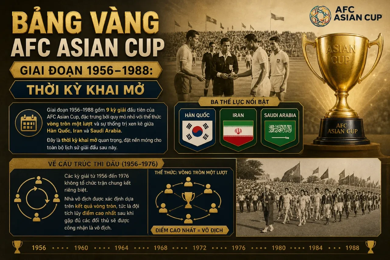 Bảng Vàng AFC Asian Cup Giai Đoạn 1956–1988 với các đội bóng huyền thoại