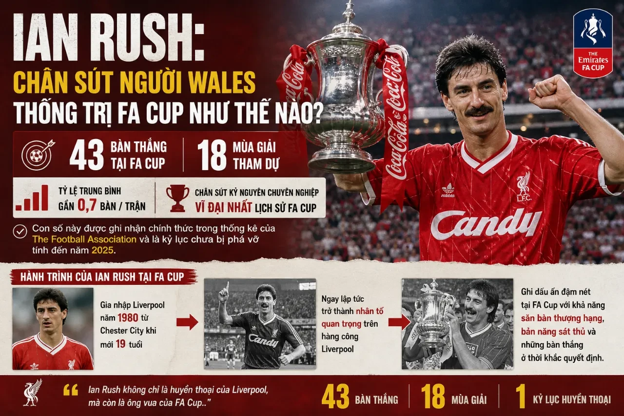 Cựu tiền đạo Ian Rush trong màu áo câu lạc bộ Liverpool thời kỳ đỉnh cao tại cúp FA