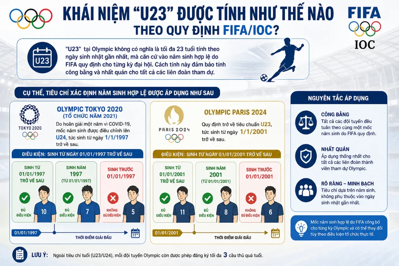 Bảng giải thích quy định tính độ tuổi U23 tham dự môn bóng đá nam Thế vận hội