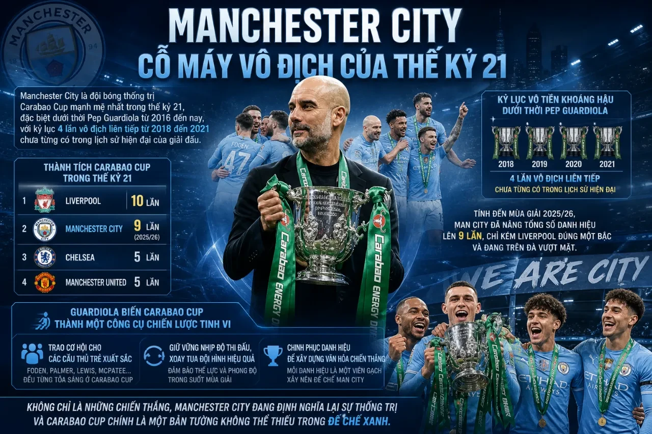 Các cầu thủ Manchester City ăn mừng phấn khích bên chiếc cúp vô địch League Cup