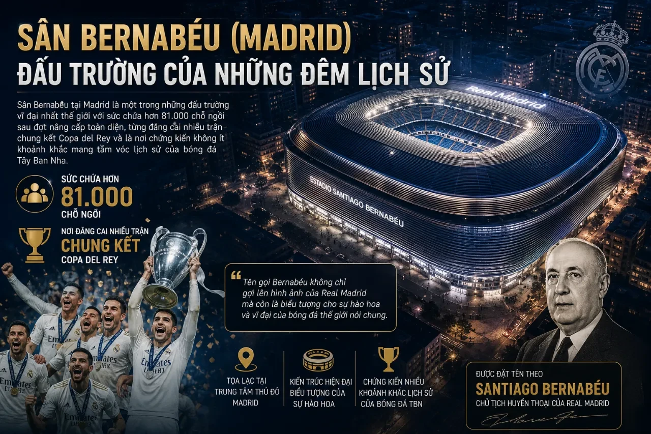 Kiến trúc hiện đại tráng lệ của sân vận động Santiago Bernabéu tại thủ đô Madrid sau khi hoàn thành dự án nâng cấp quy mô lớn
