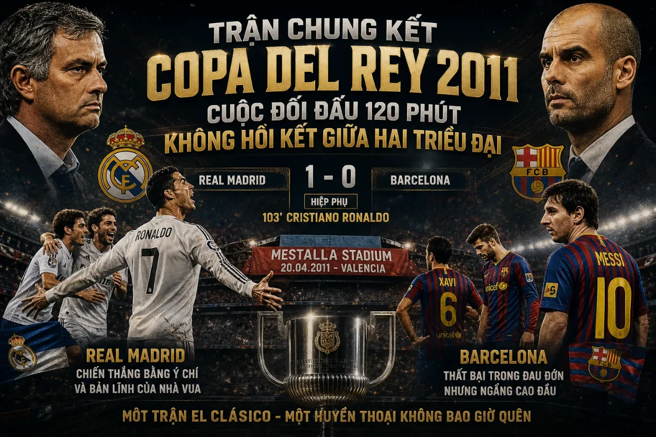Tiền đạo Cristiano Ronaldo bật cao đánh đầu ghi bàn thắng quyết định cho Real Madrid tại hiệp phụ sân Mestalla năm 2011