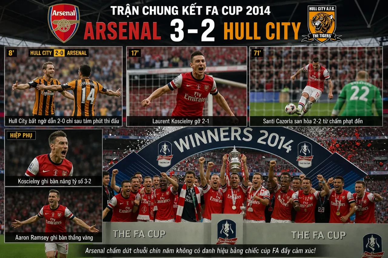 Đội hình Arsenal ăn mừng chức vô địch FA Cup đầy cảm xúc vào năm 2014 sau thời gian dài khát danh hiệu