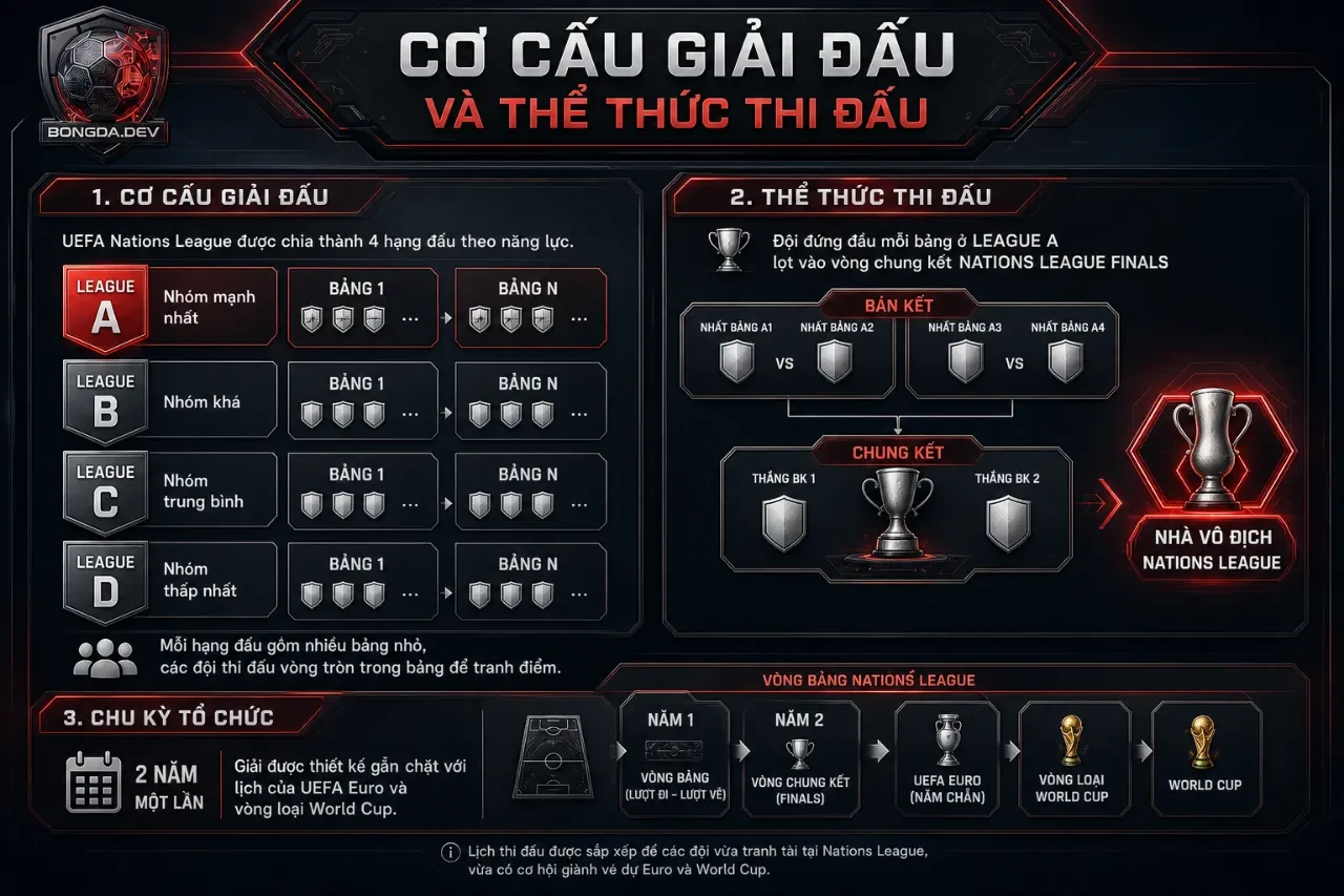 Sơ đồ minh họa cấu trúc phân tách bốn hạng đấu và quy trình thăng hạng xuống hạng của giải đấu