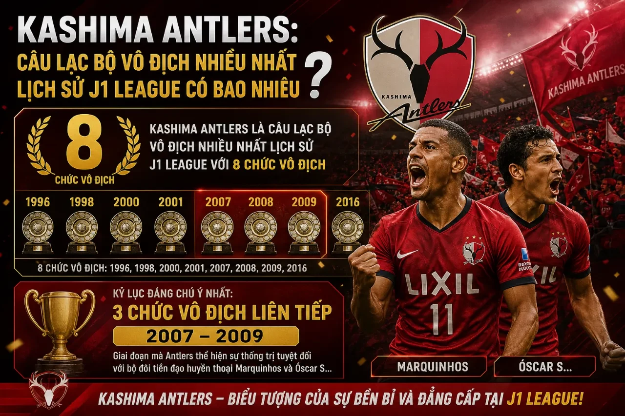 Các cầu thủ Kashima Antlers nâng cao cúp vô địch J1 League danh giá trên bục vinh quang