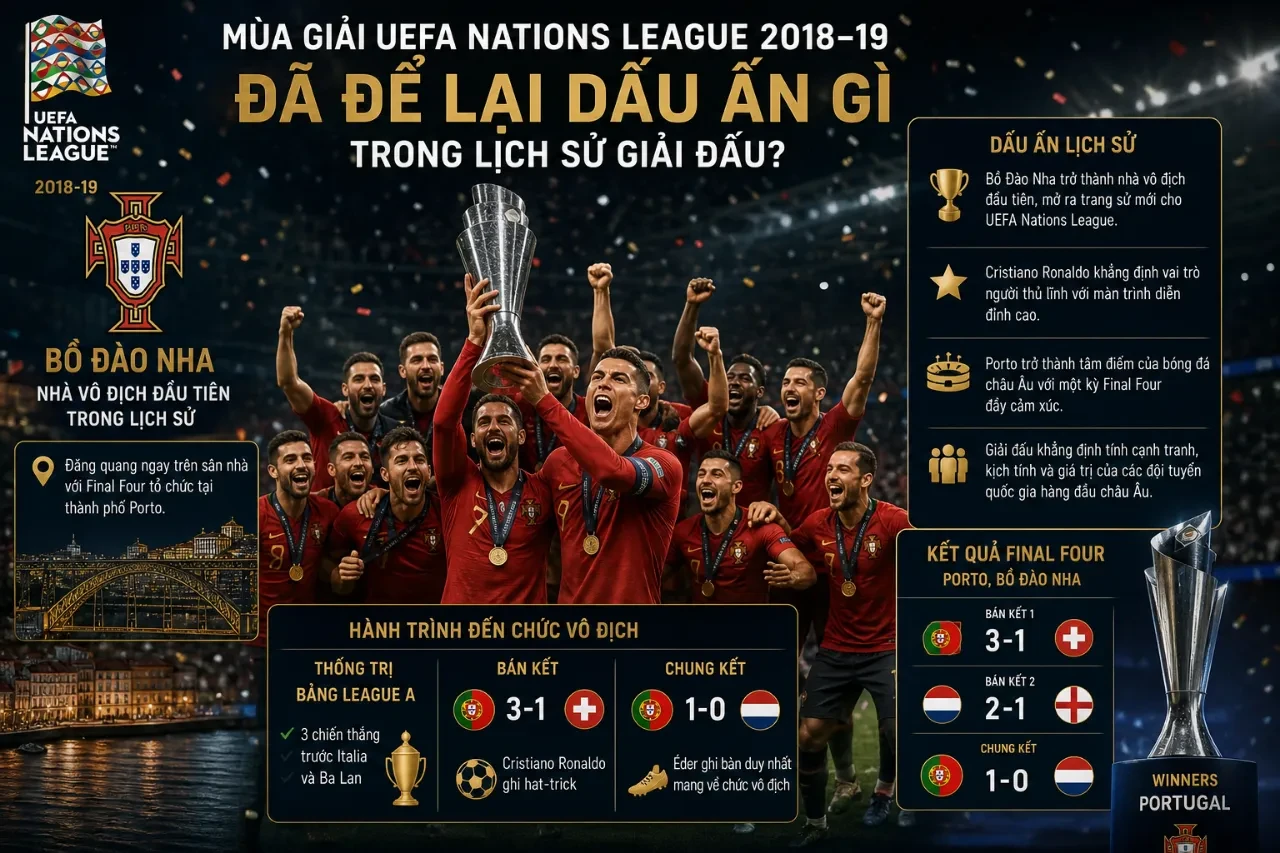 Cầu thủ Bồ Đào Nha ăn mừng chiếc cúp vô địch Nations League đầu tiên trên sân nhà Dragao năm 2019