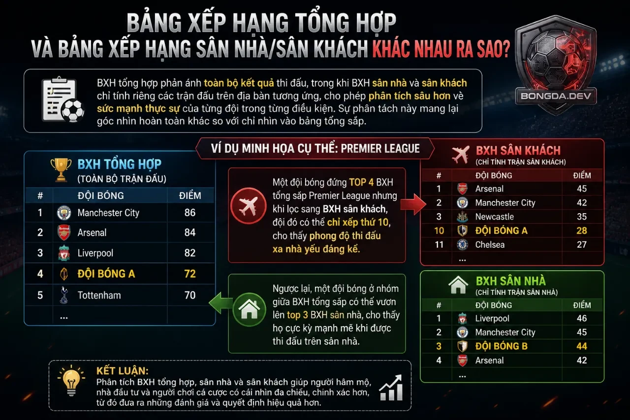 Bảng Xếp Hạng Tổng Hợp Và Bảng Xếp Hạng Sân Nhà/Sân Khách Khác Nhau Ra Sao?