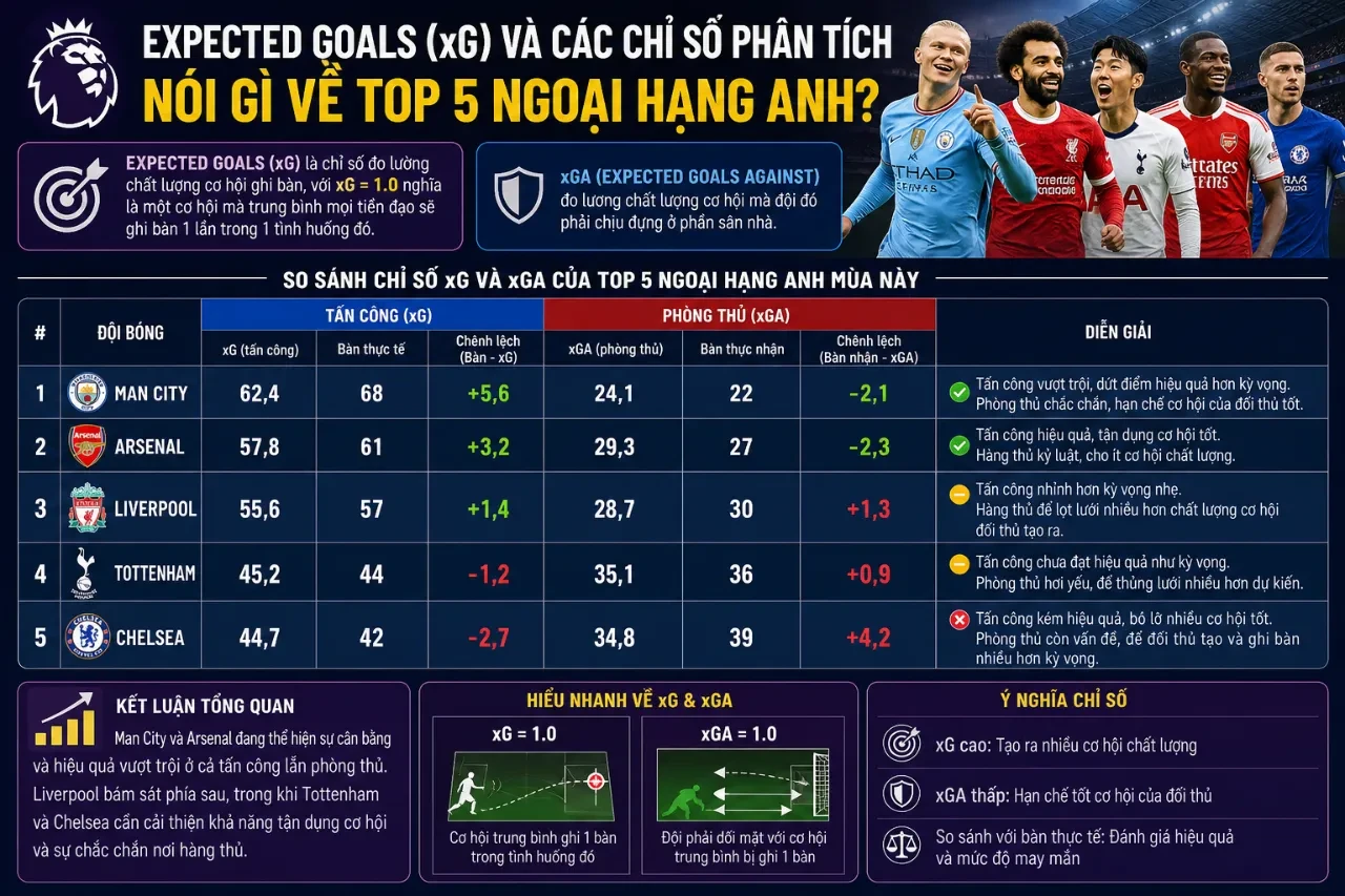 Expected Goals (xG) Và Các Chỉ Số Phân Tích Nói Gì Về Top 5 Ngoại Hạng Anh?